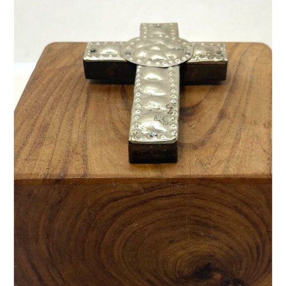 Hammered Silver on Wood Cross Mexican Relief Metal 4"L x 2.5"W x .5"D - Picture 4 of 4